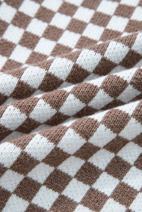 Checkerboard Pattern Collared Henley Button Pullover Sweater