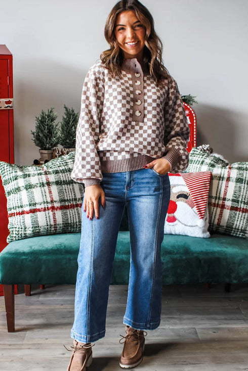 Checkerboard Pattern Collared Henley Button Pullover Sweater