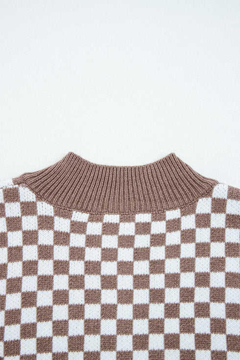 Checkerboard Pattern Collared Henley Button Pullover Sweater