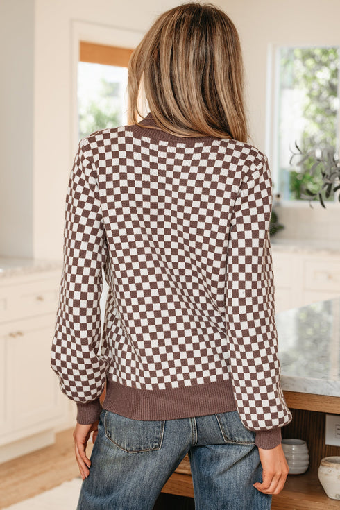 Checkerboard Pattern Collared Henley Button Pullover Sweater