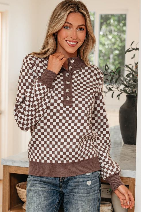 Checkerboard Pattern Collared Henley Button Pullover Sweater