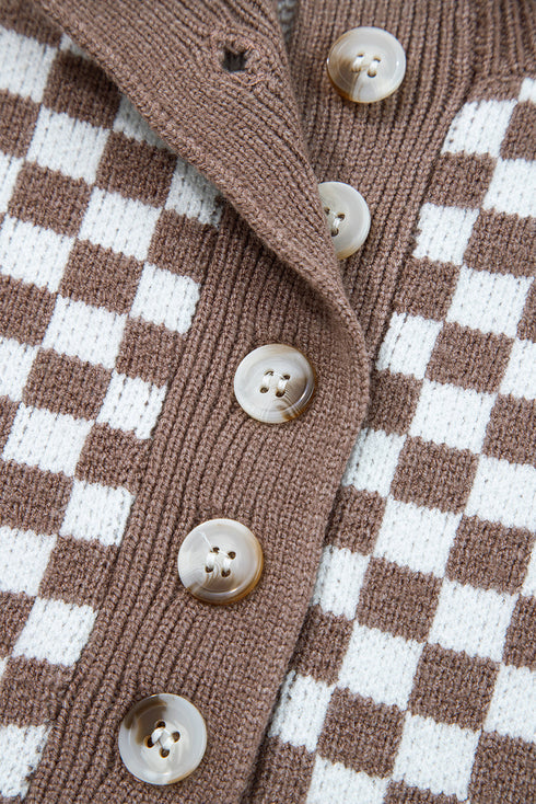 Checkerboard Pattern Collared Henley Button Pullover Sweater