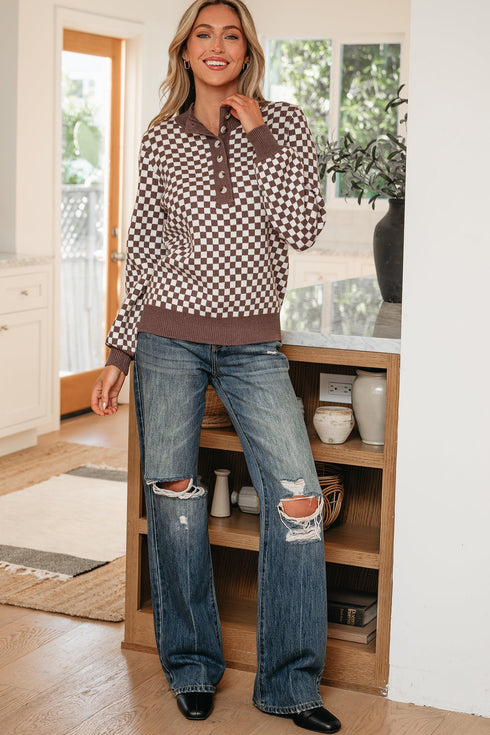 Checkerboard Pattern Collared Henley Button Pullover Sweater
