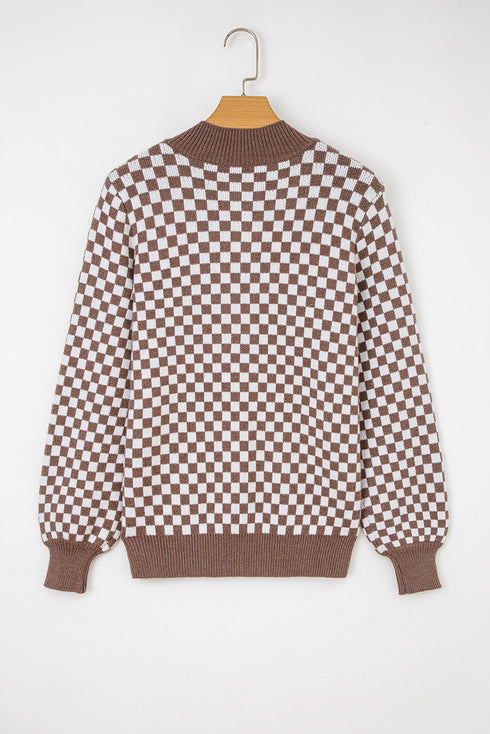 Checkerboard Pattern Collared Henley Button Pullover Sweater