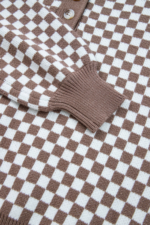 Checkerboard Pattern Collared Henley Button Pullover Sweater