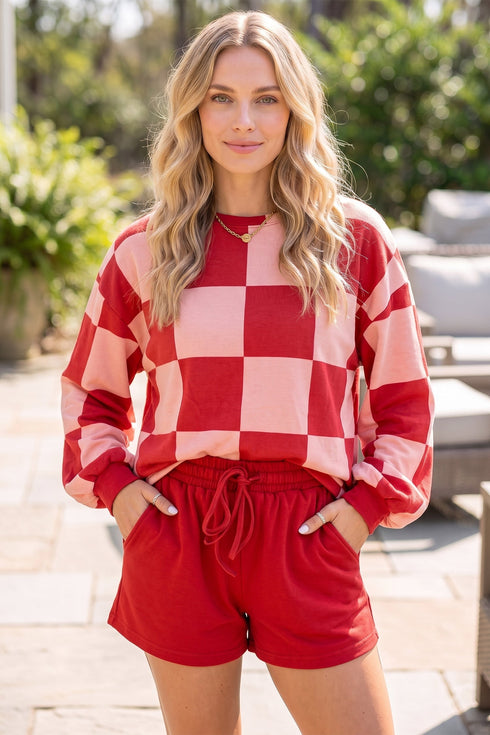 Checkerboard Plaid Long Sleeve Top Clean Finish Short Set