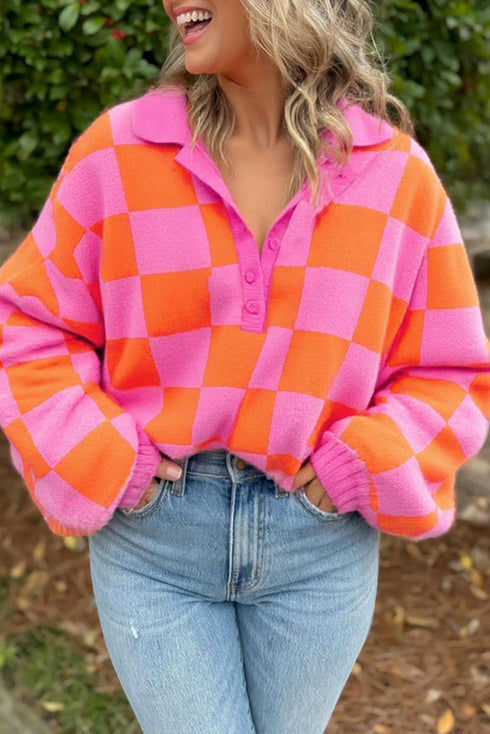 Checkerboard Polo Collar Drop Shoulder Oversized Sweater