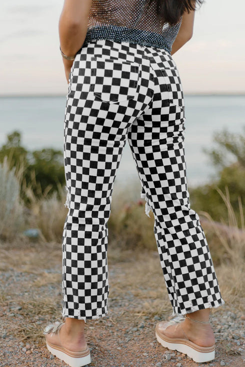 Checkerboard Print Distressed Raw Edge Cropped Denim Jeans