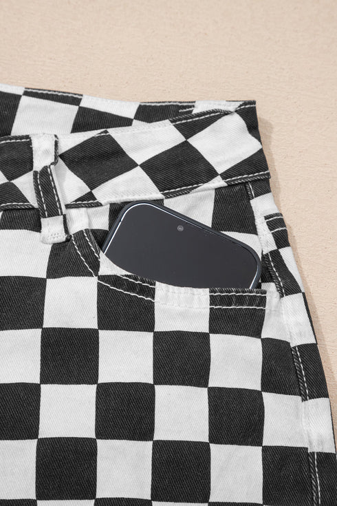 Checkerboard Print Distressed Raw Edge Cropped Denim Jeans