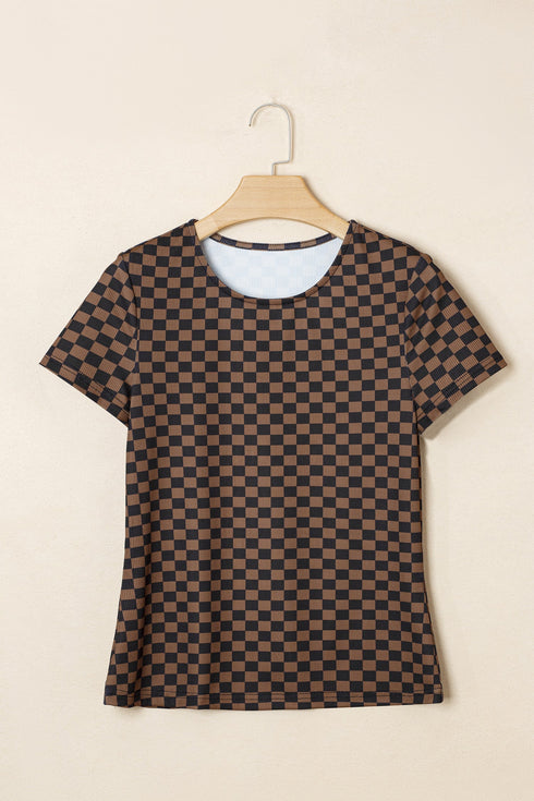 Checkerboard Print Ribbed Western Style Round Neck Tee