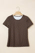 Checkerboard Print Ribbed Western Style Round Neck Tee