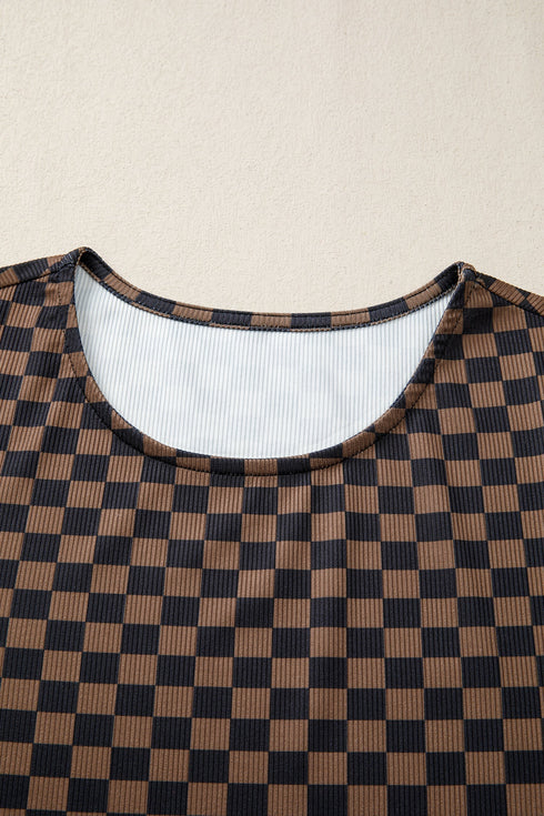 Checkerboard Print Ribbed Western Style Round Neck Tee