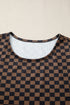 Checkerboard Print Ribbed Western Style Round Neck Tee