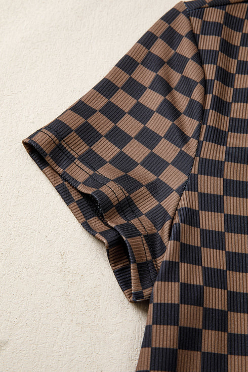 Checkerboard Print Ribbed Western Style Round Neck Tee