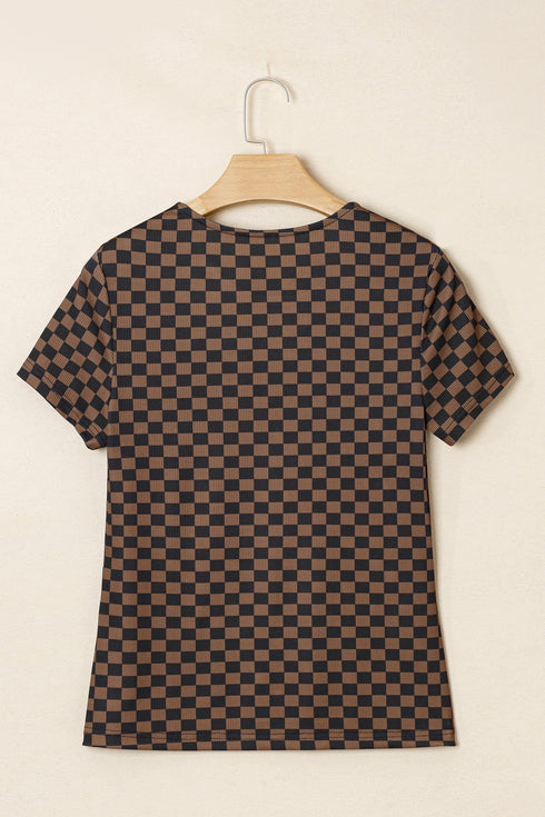 Checkerboard Print Ribbed Western Style Round Neck Tee