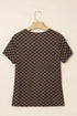 Checkerboard Print Ribbed Western Style Round Neck Tee