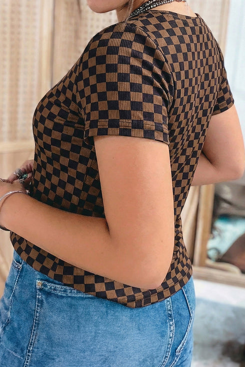 Checkerboard Print Ribbed Western Style Round Neck Tee