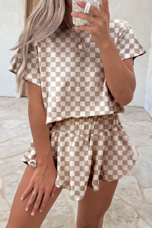 Checkerboard Print T Shirt High Waisted Skort Short Set