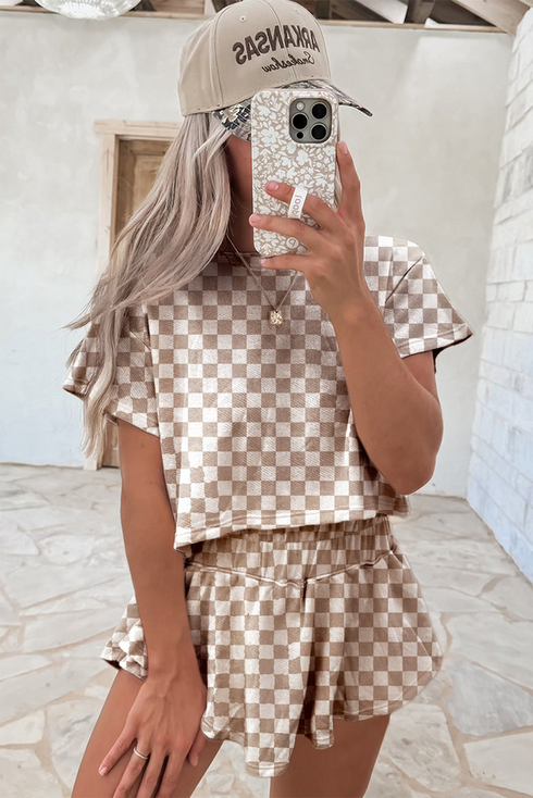 Checkerboard Print T Shirt High Waisted Skort Short Set