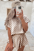 Checkerboard Print T Shirt High Waisted Skort Short Set