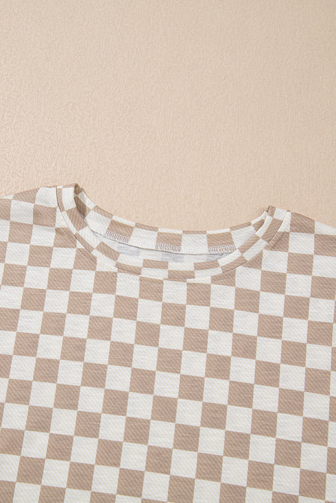 Checkerboard Print T Shirt High Waisted Skort Short Set