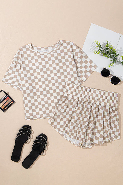 Checkerboard Print T Shirt High Waisted Skort Short Set
