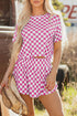 Checkerboard Print T Shirt High Waisted Skort Short Set