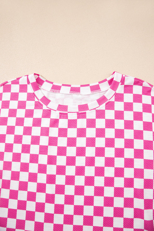 Checkerboard Print T Shirt High Waisted Skort Short Set