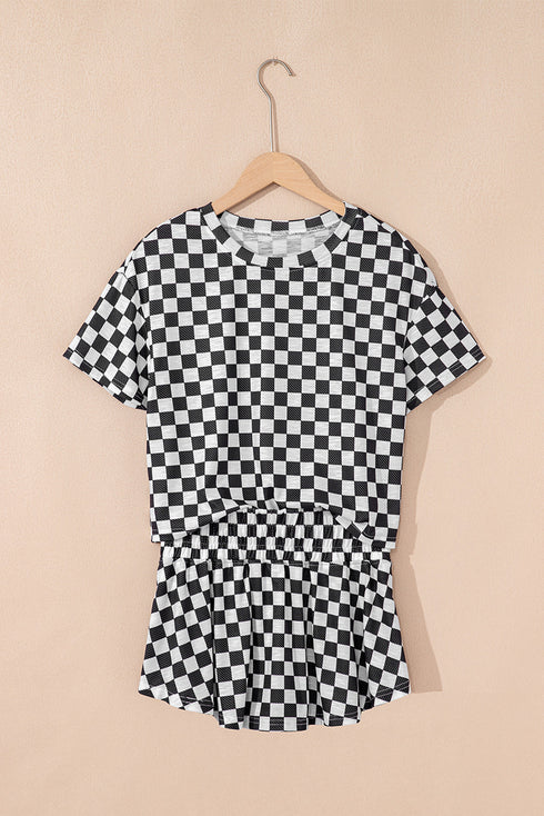 Checkerboard Print T Shirt High Waisted Skort Short Set
