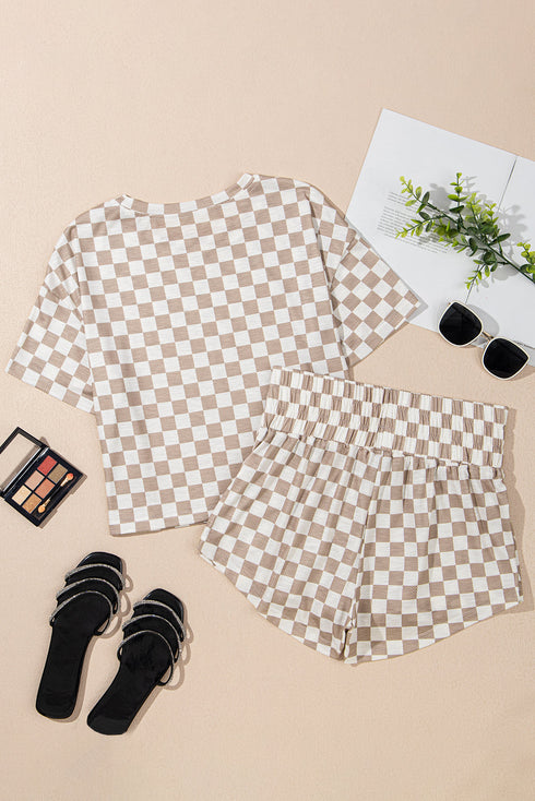 Checkerboard Print T Shirt High Waisted Skort Short Set