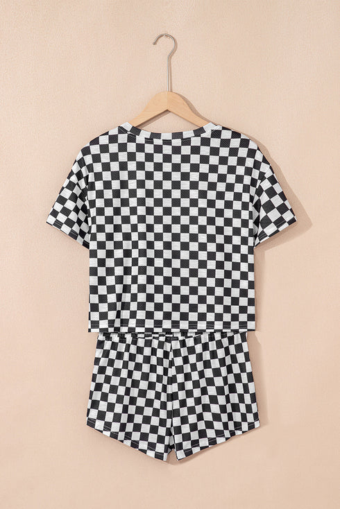 Checkerboard Print T Shirt High Waisted Skort Short Set