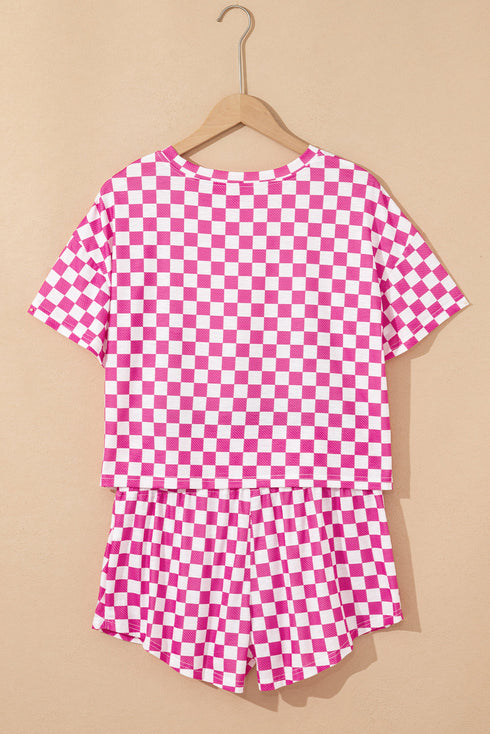 Checkerboard Print T Shirt High Waisted Skort Short Set