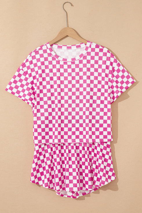 Checkerboard Print T Shirt High Waisted Skort Short Set