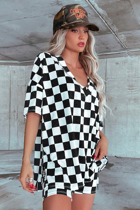 Checkerboard Print V Neck Short Sleeve Loose Lounge Set