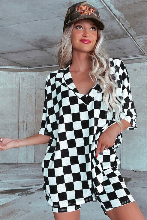 Checkerboard Print V Neck Short Sleeve Loose Lounge Set