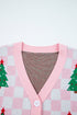 Checkerboard Tree Intarsia Button Front V Neck Drop Shoulder Cardigan