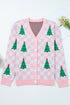 Checkerboard Tree Intarsia Button Front V Neck Drop Shoulder Cardigan