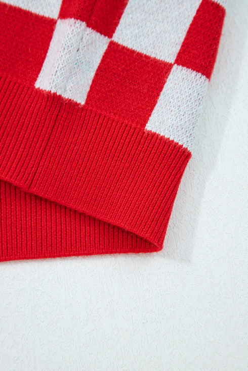 Checkerboard Tree Intarsia Button Front V Neck Drop Shoulder Cardigan