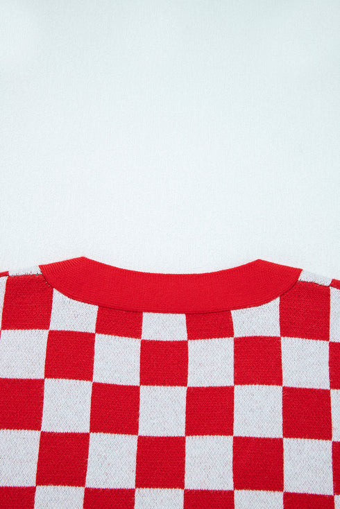 Checkerboard Tree Intarsia Button Front V Neck Drop Shoulder Cardigan