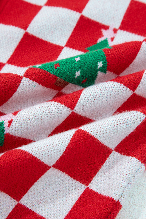 Checkerboard Tree Intarsia Button Front V Neck Drop Shoulder Cardigan