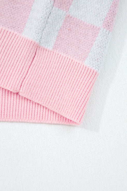 Checkerboard Tree Intarsia Button Front V Neck Drop Shoulder Cardigan