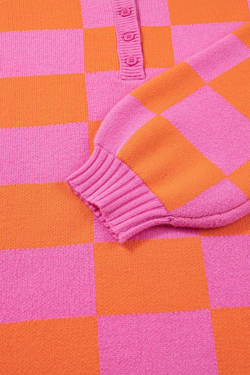 Checkered Balloon Sleeve Collared Henley Knit Sweater