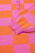 Checkered Balloon Sleeve Collared Henley Knit Sweater