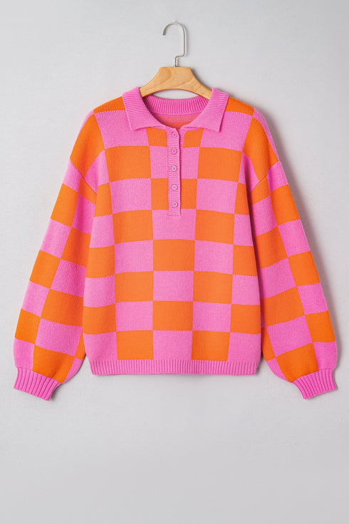 Checkered Balloon Sleeve Collared Henley Knit Sweater