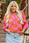 Checkered Balloon Sleeve Collared Henley Knit Sweater