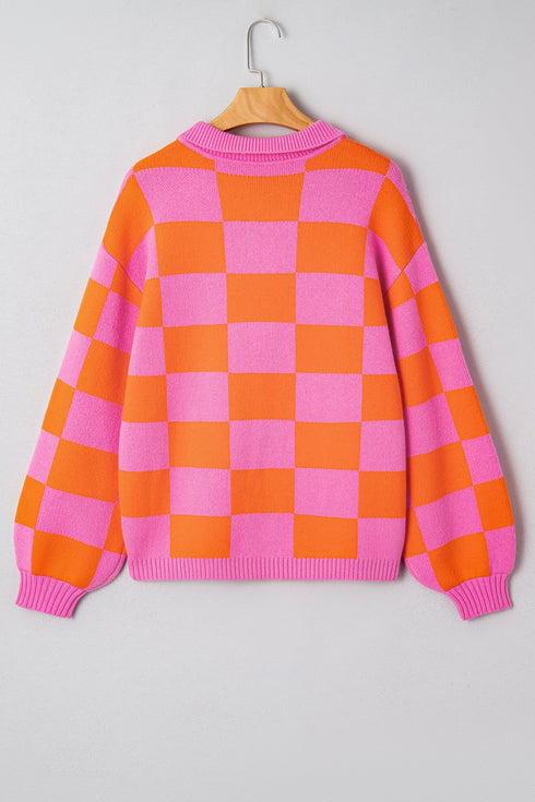 Checkered Balloon Sleeve Collared Henley Knit Sweater