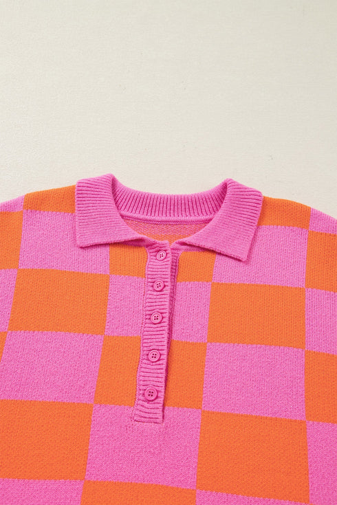 Checkered Balloon Sleeve Collared Henley Knit Sweater