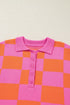 Checkered Balloon Sleeve Collared Henley Knit Sweater