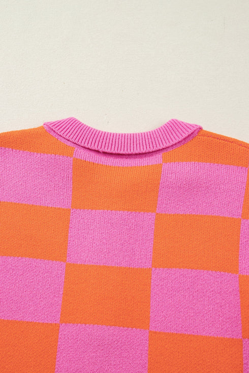 Checkered Balloon Sleeve Collared Henley Knit Sweater