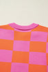 Checkered Balloon Sleeve Collared Henley Knit Sweater